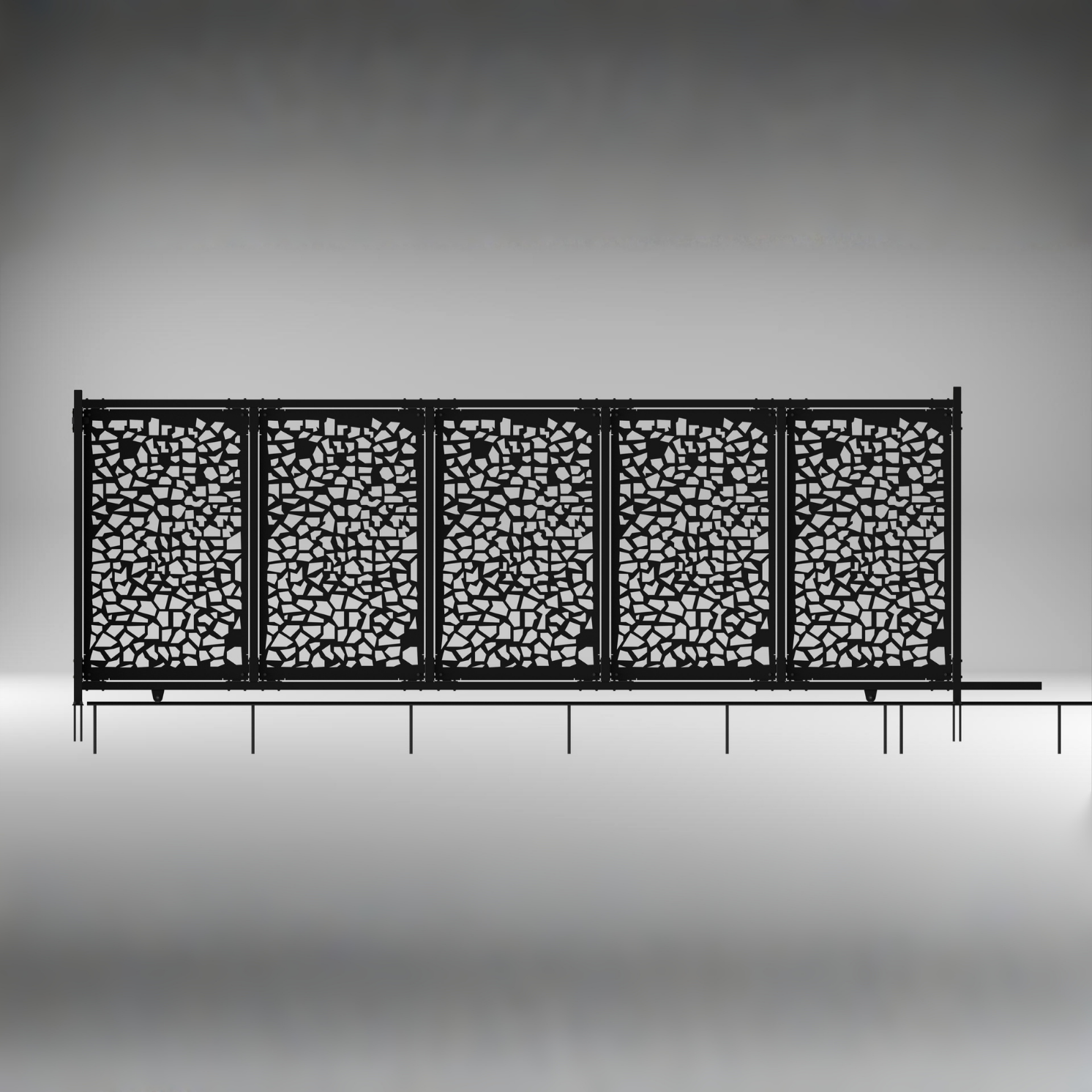 Modern laser-cut sliding driveway gate with decorative metal panels and powder-coated finish