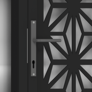 Modern laser-cut swing gate door with elevated panel design and powder-coated metal finish