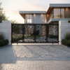 Modern laser-cut sliding driveway gate with decorative metal panels and powder-coated finish