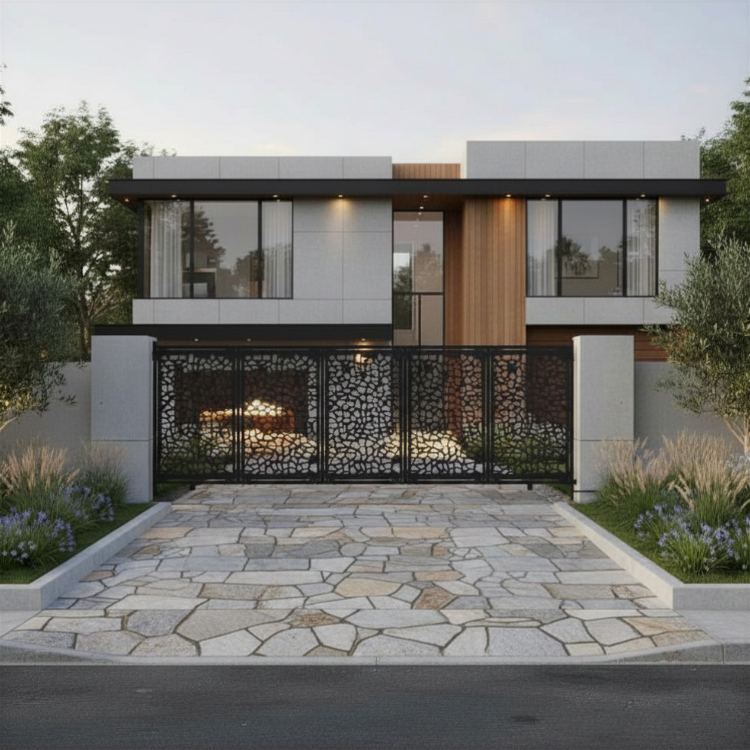 Modern laser-cut sliding driveway gate with decorative metal panels and powder-coated finish