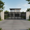 Modern laser-cut sliding driveway gate with decorative metal panels and powder-coated finish