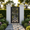 Laser-cut pedestrian swing gate with decorative panel design and powder-coated metal finish